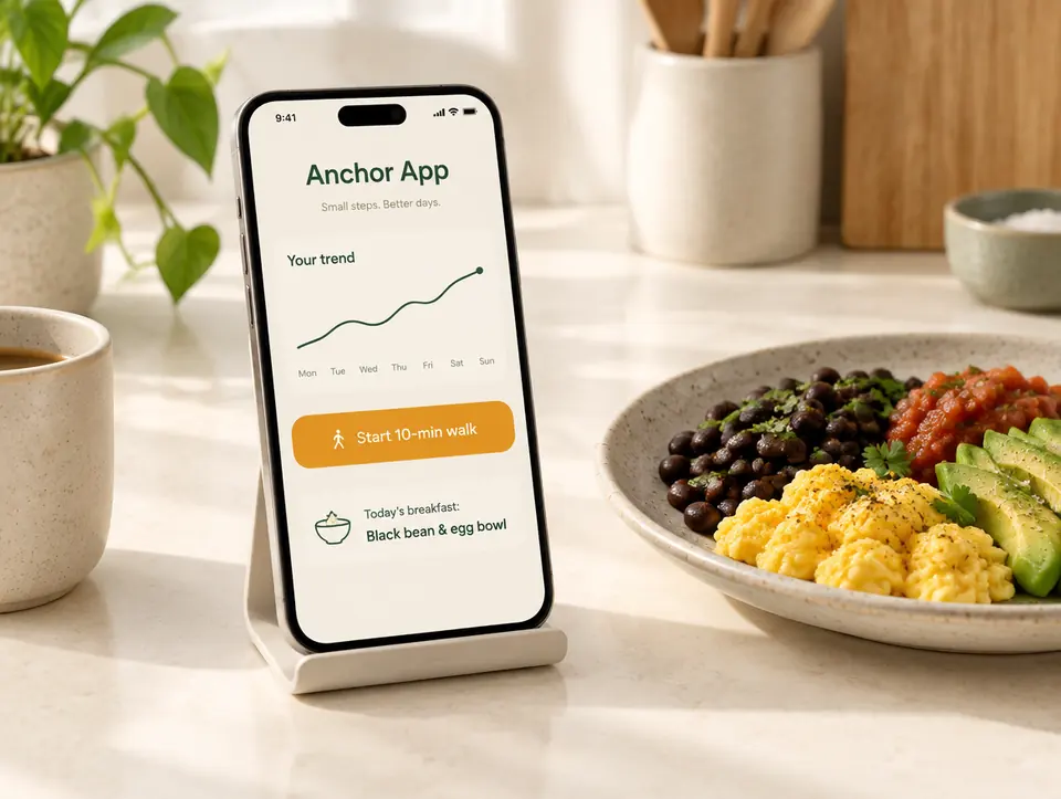 The Anchor App on a phone with a trend chart, a walk timer button and today's breakfast