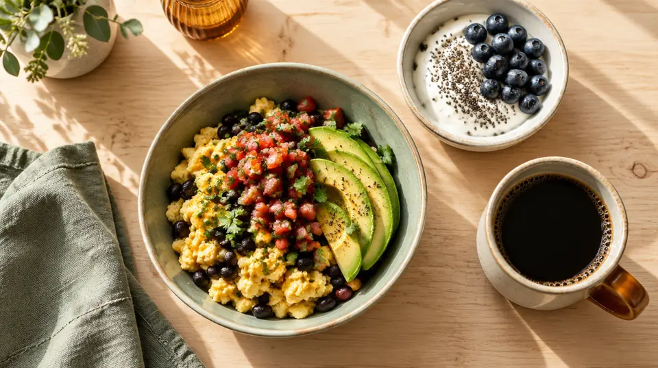 A simple breakfast of eggs with black beans, salsa and avocado, plus Greek yogurt with chia and blueberries